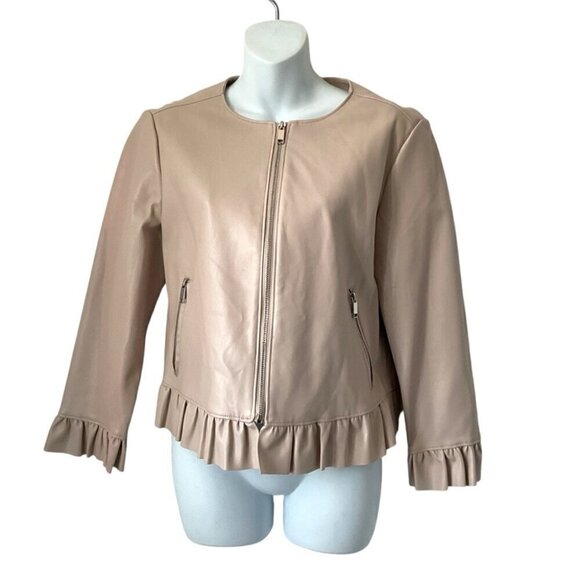 Catherine Malandrino Cream Moto Ruffle Hem Full Zip Jacket Size 8 - Picture 5 of 8